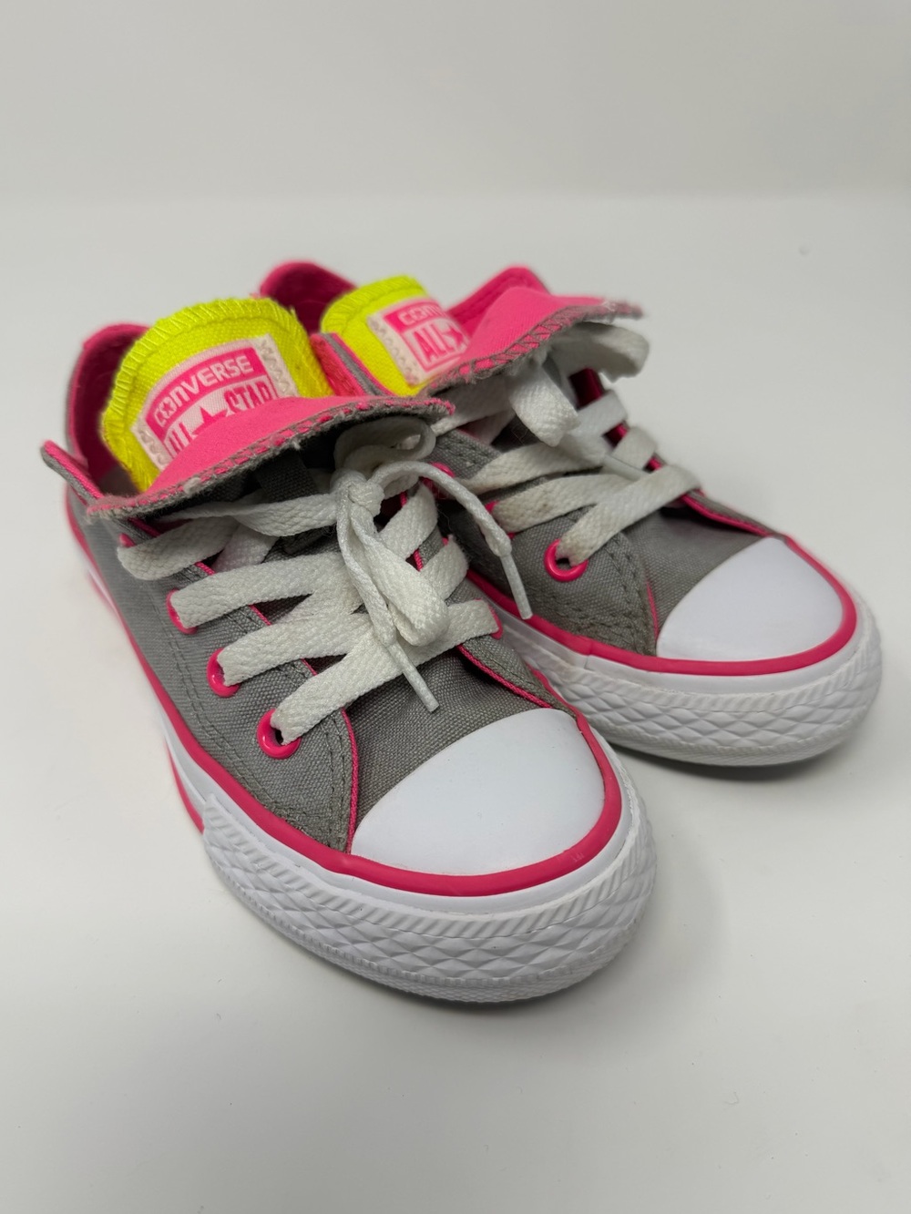 Converse Kids Low-Top Canvas Sneakers in Gray, Hot Pink & Neon Yellow Sz. 11